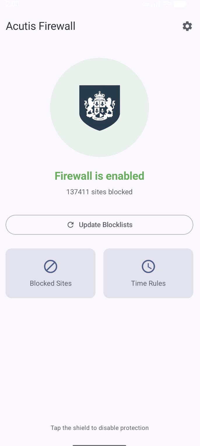 Acutis Firewall main screen on Android
