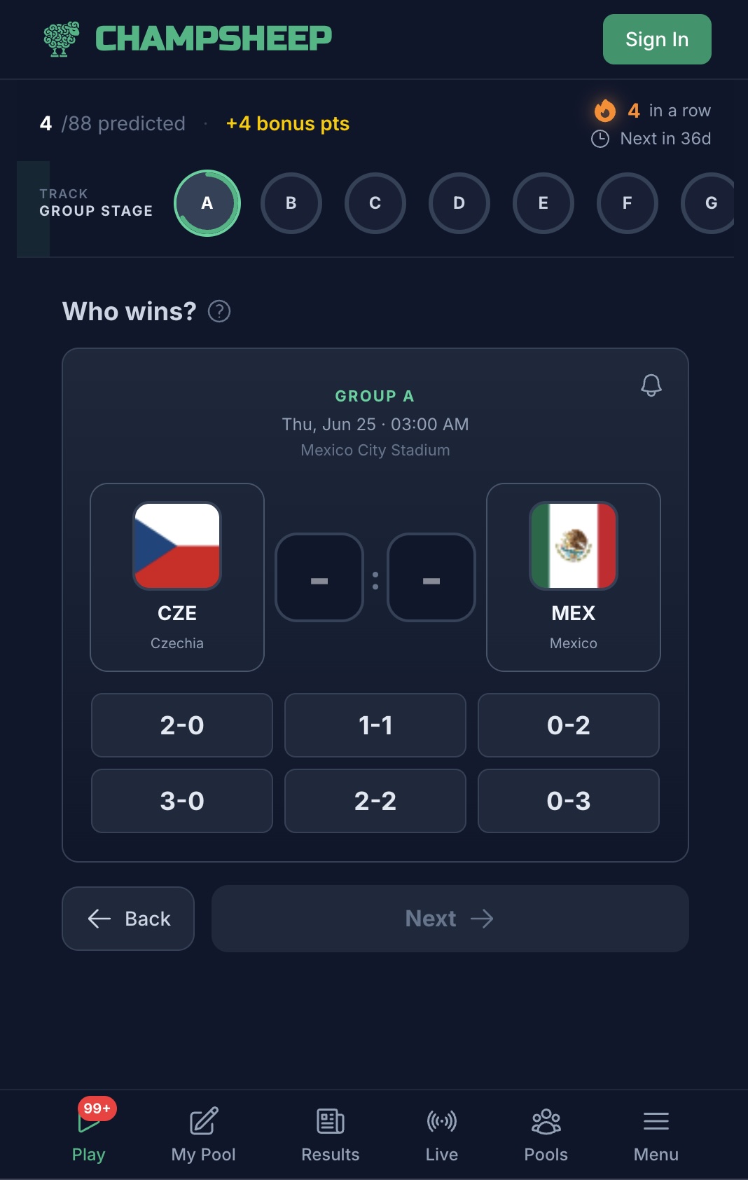 Champsheep prediction interface showing matches and scores